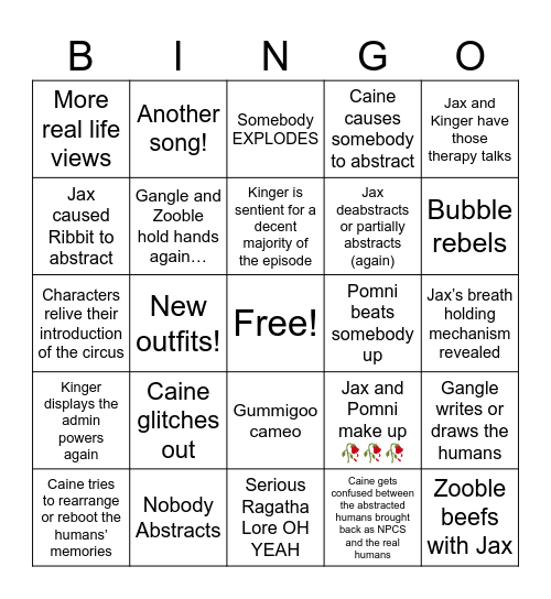 THE AMAZING DIGITAL CIRCUS EPISODE 8 Bingo Card