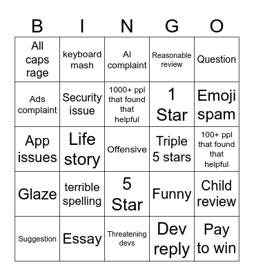 Playstore Reviews Bingo Card