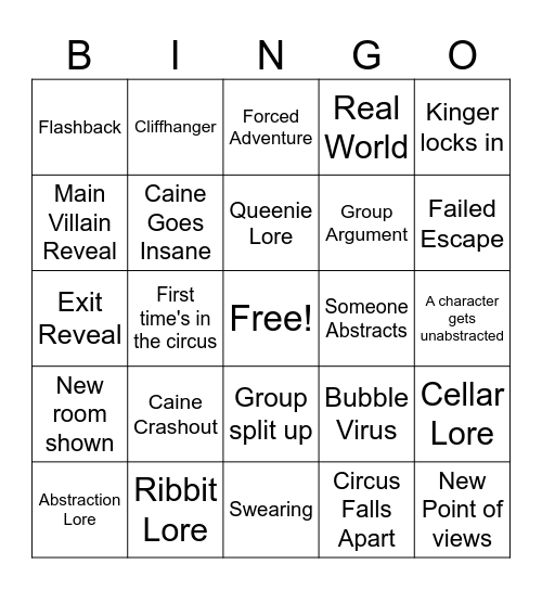 The Amazing Digital Circus Bingo Card
