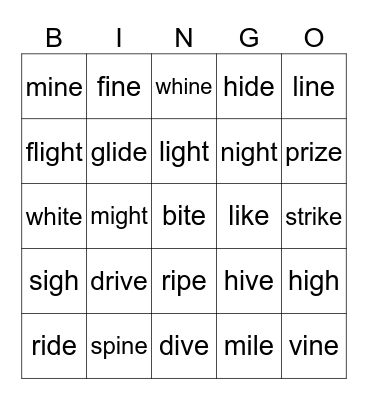 Long I Bingo Card
