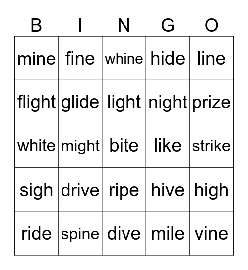 Long I Bingo Card