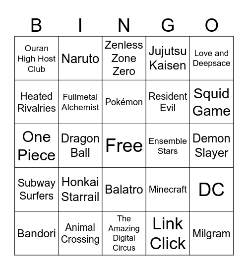 Artist Alley Bingo Card