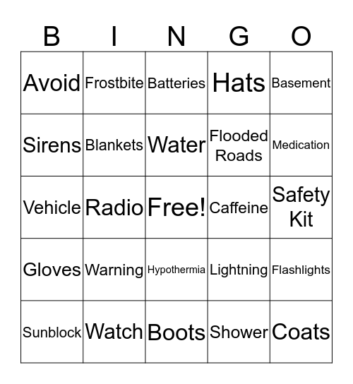 Sun and Weather Safety Bingo Card