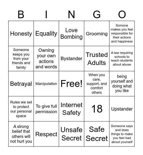 Erin's Law Bingo Card