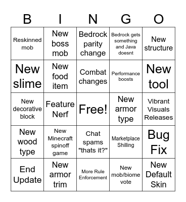 Minecraft Live Bingo Card