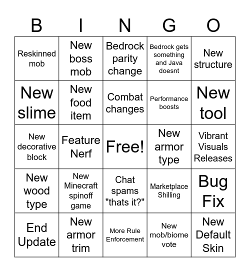 Minecraft Live Bingo Card