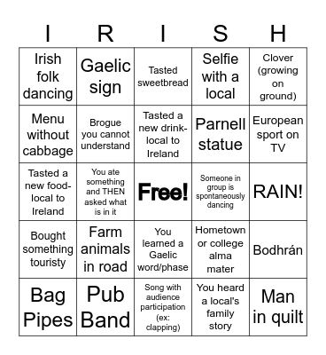 Ireland Trip July 2022 Bingo Card