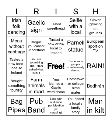 Ireland Trip Spring 2026 Bingo Card