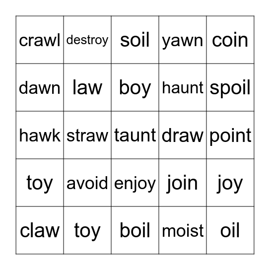 aw, au, oy, & oi Bingo Card