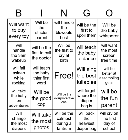 Mon or Dad Bingo Card