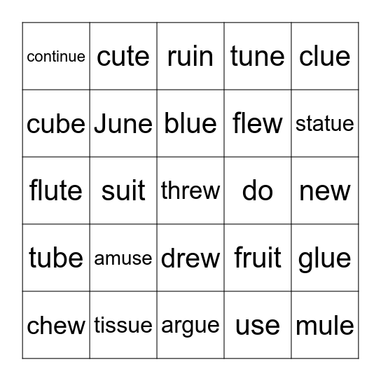 Long U ("yoo" or "oo") Bingo Card