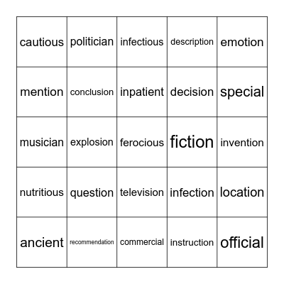 Complex Word Endings Bingo Card