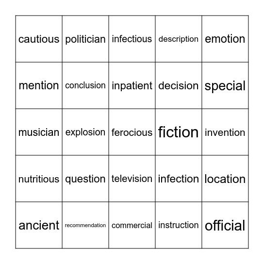 Complex Word Endings Bingo Card