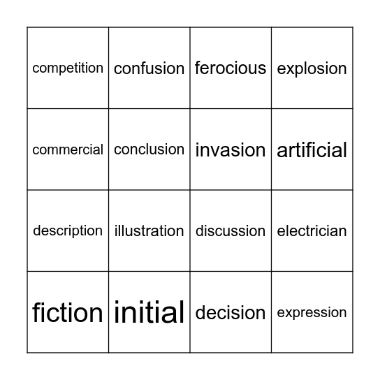 Complex Word Endings #1 Bingo Card