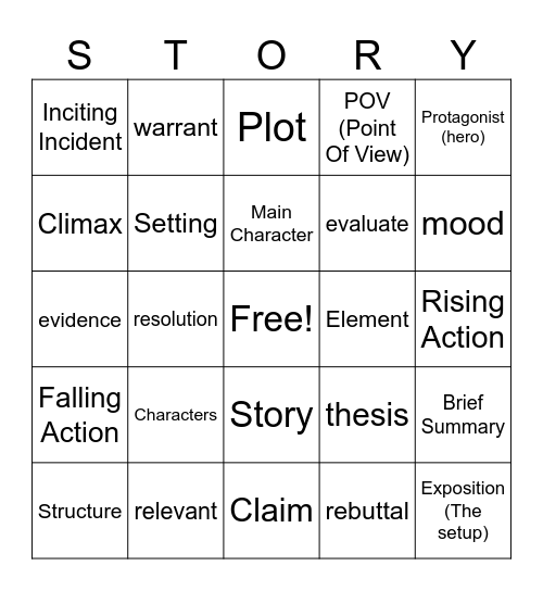 Argument and Story Structure Bingo Card