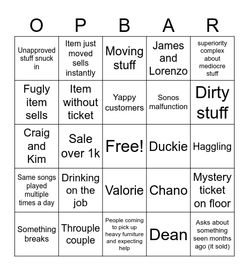 Optimist’s Bazaar Bingo Card