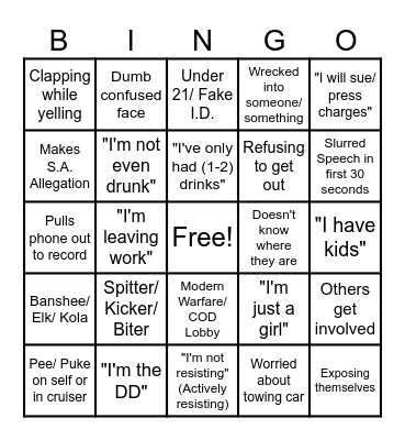 Drunk Girl Bingo Card