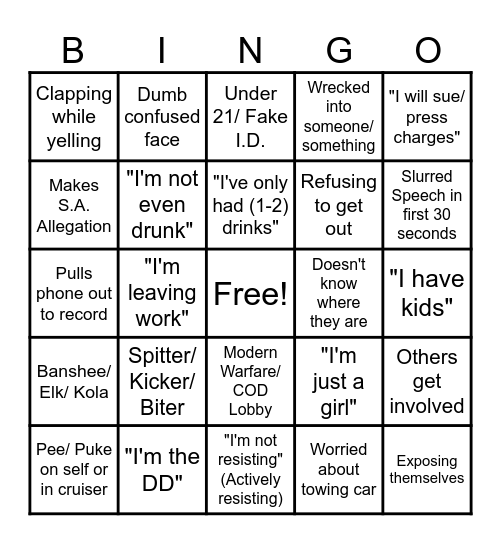 Drunk Girl Bingo Card