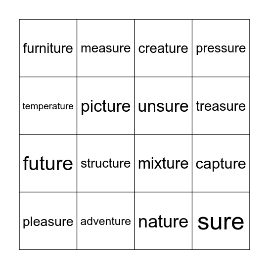 -ture & -sure Bingo Card