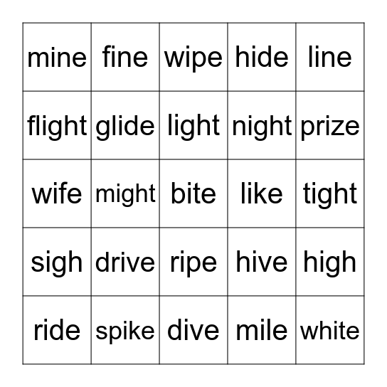 Long I Bingo Card
