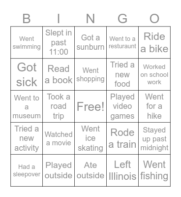 Spring Break Bingo Card