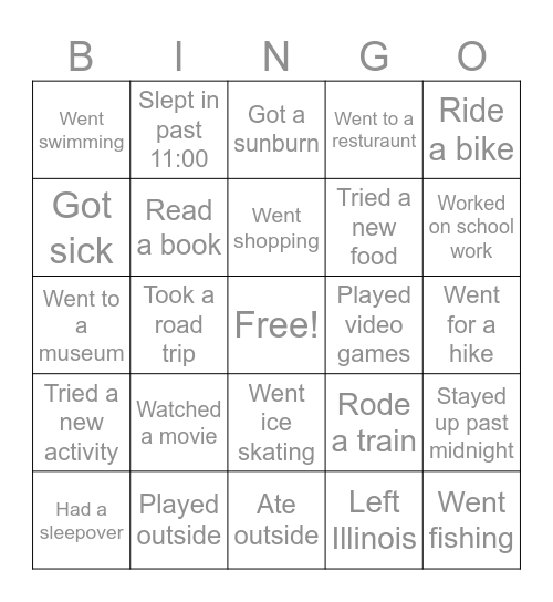 Spring Break Bingo Card