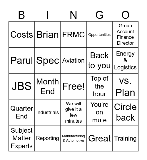 Industrials March Finance Townhall Bingo Card