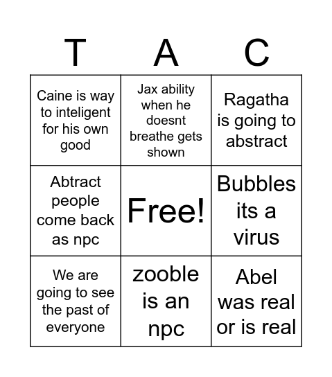 TADC 8 Bingo Card