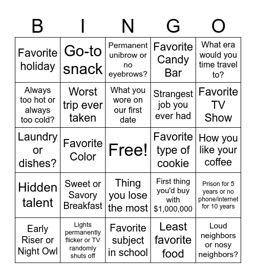Guess Me Bingo Card