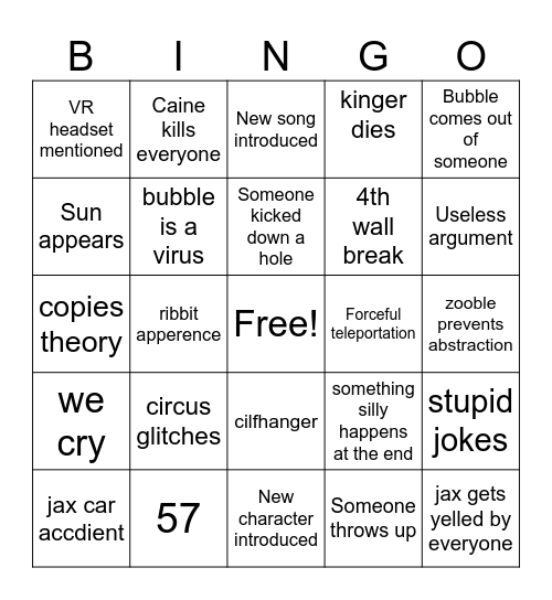 The Amazing Digital Circus bingo Card