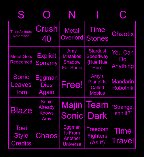 Sonic Movie 4 Bingo Card
