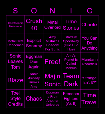 Sonic Movie 4 Bingo Card