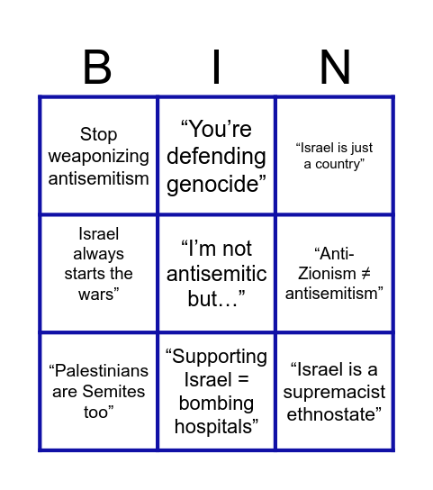Progressive Antisemitsm Denial Bingo Card