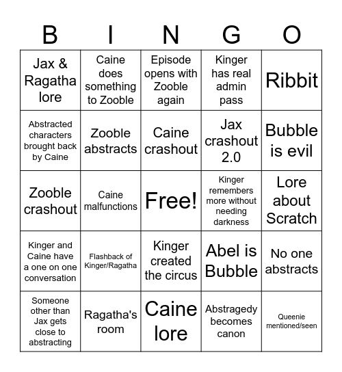 The Amazing Digital Circus episode 8 bingo Card