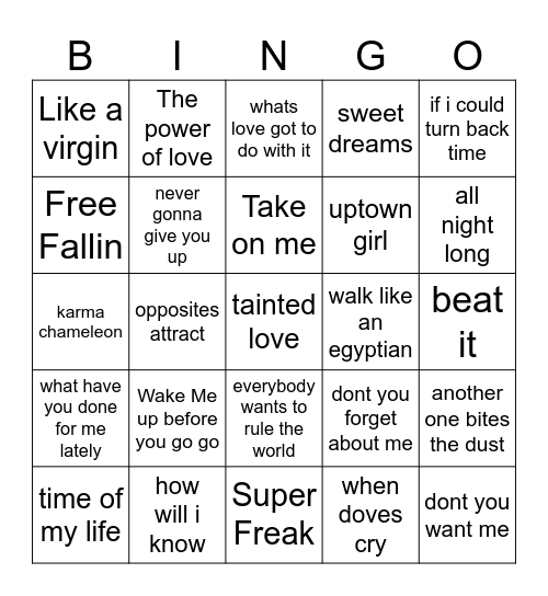 80s Bingo Card