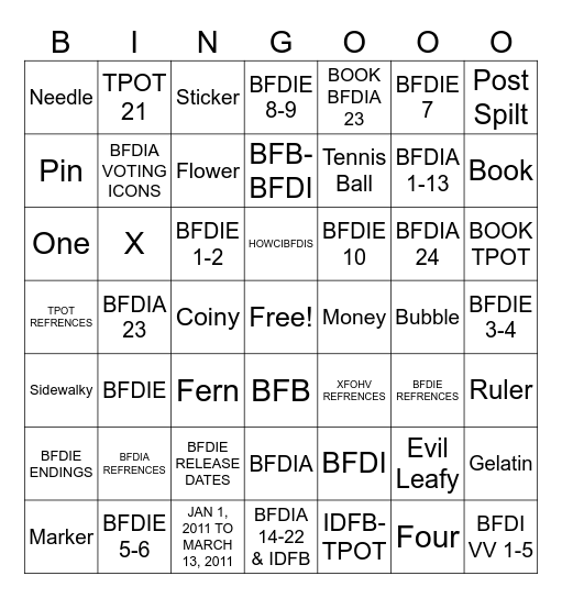 BFDI SEASONS (as of BFDIE ENDINGS) Bingo Card