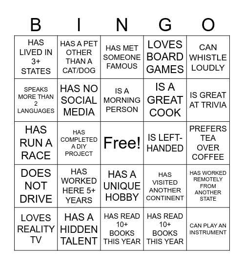 Team Mix Bingo Card