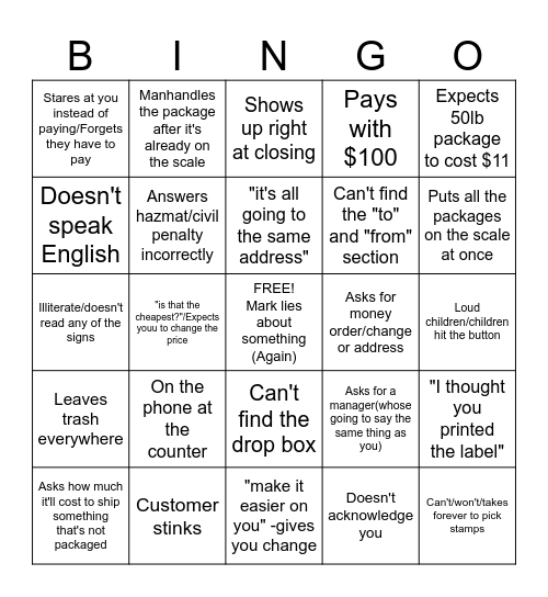 Post Office Bingo Card