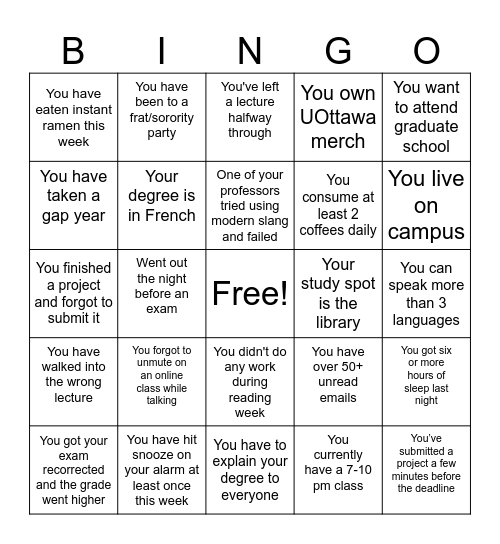Student Bingo! Bingo Card