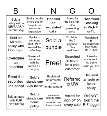 PI Sales New Hire Bingo Card