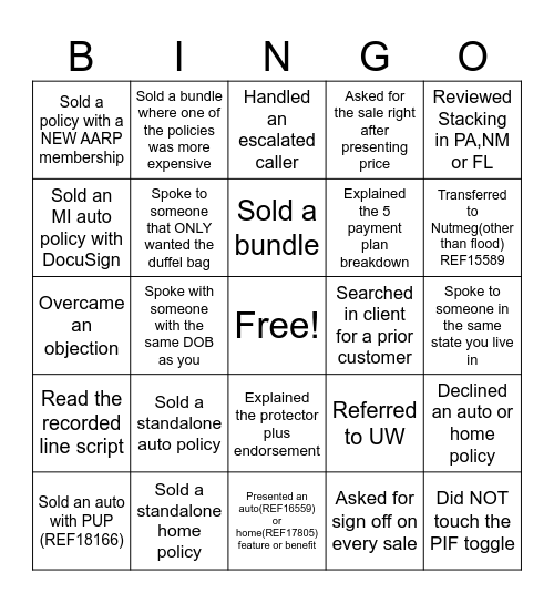 PI Sales New Hire Bingo Card