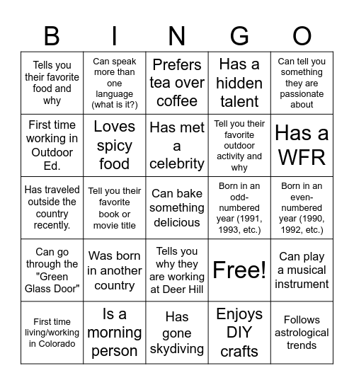 Staff Training Bingo Card