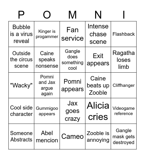 Pomni Circus Bingo Card