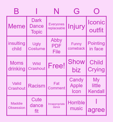 Dance Moms Bingo Card