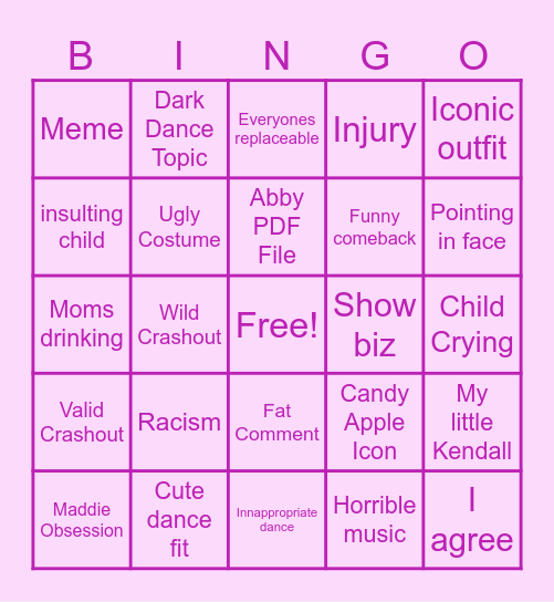 Dance Moms Bingo Card