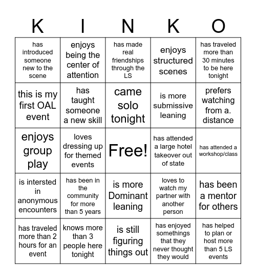Community Experience: Find someone who Bingo Card