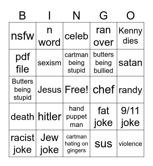 South Park Bingo Card