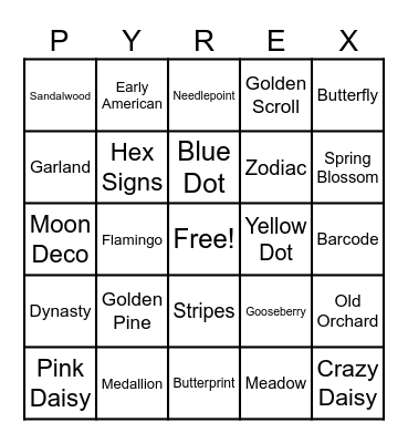 Iowa Pyrex Bingo Card