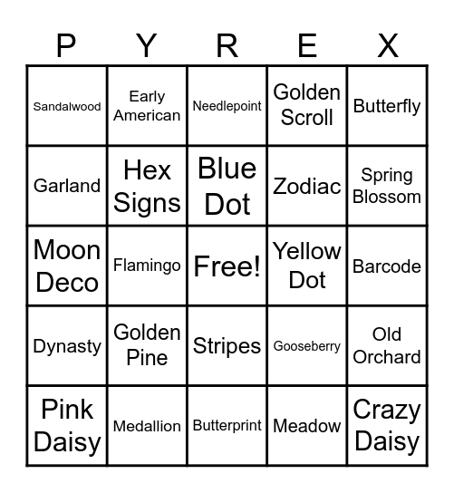 Iowa Pyrex Bingo Card
