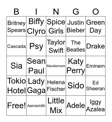 Pop stars Bingo Card